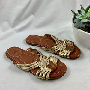 Frye Jacey Hurache Sandals Cognac & Gold SZ 6.5